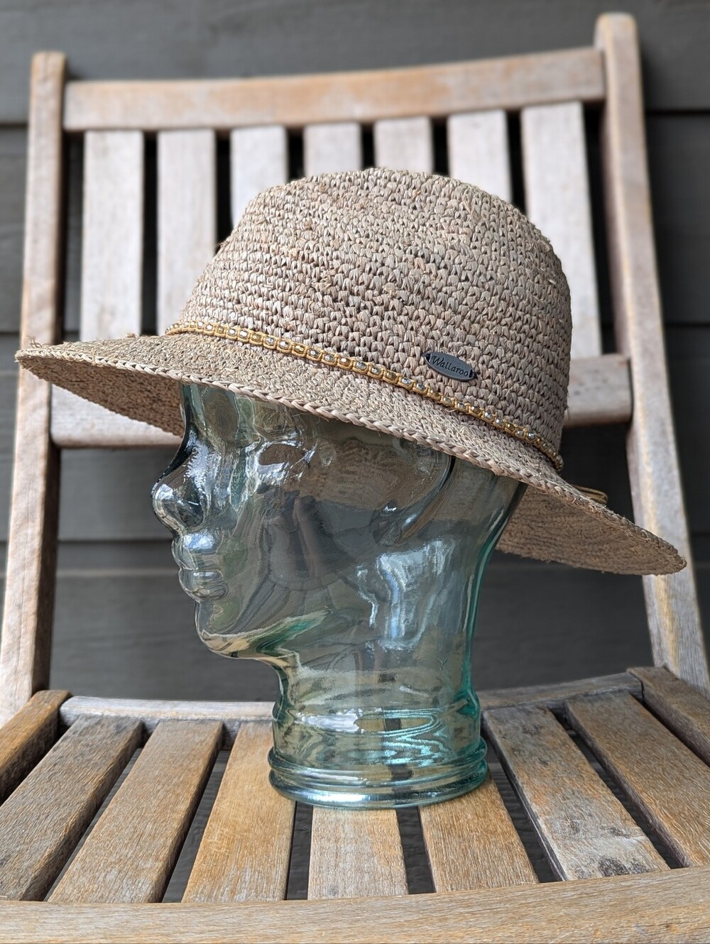 Wallaroo Hat Company Malibu Fedora 100% Raffia Sun Hat Mushroom Tan Beaded